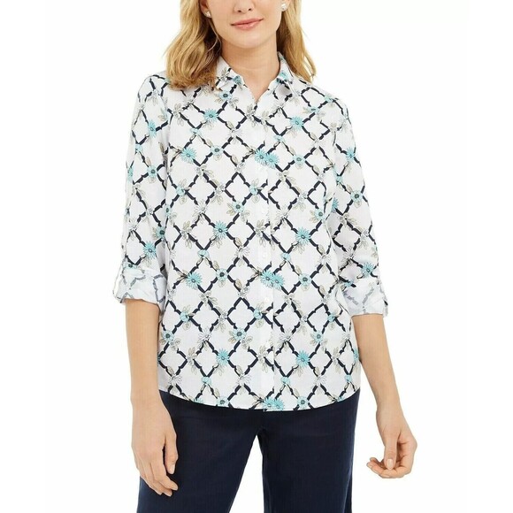Charter Club Shirt Women's Small White Floral Linen Roll Tab Sleeve Button-Up - Picture 1 of 7